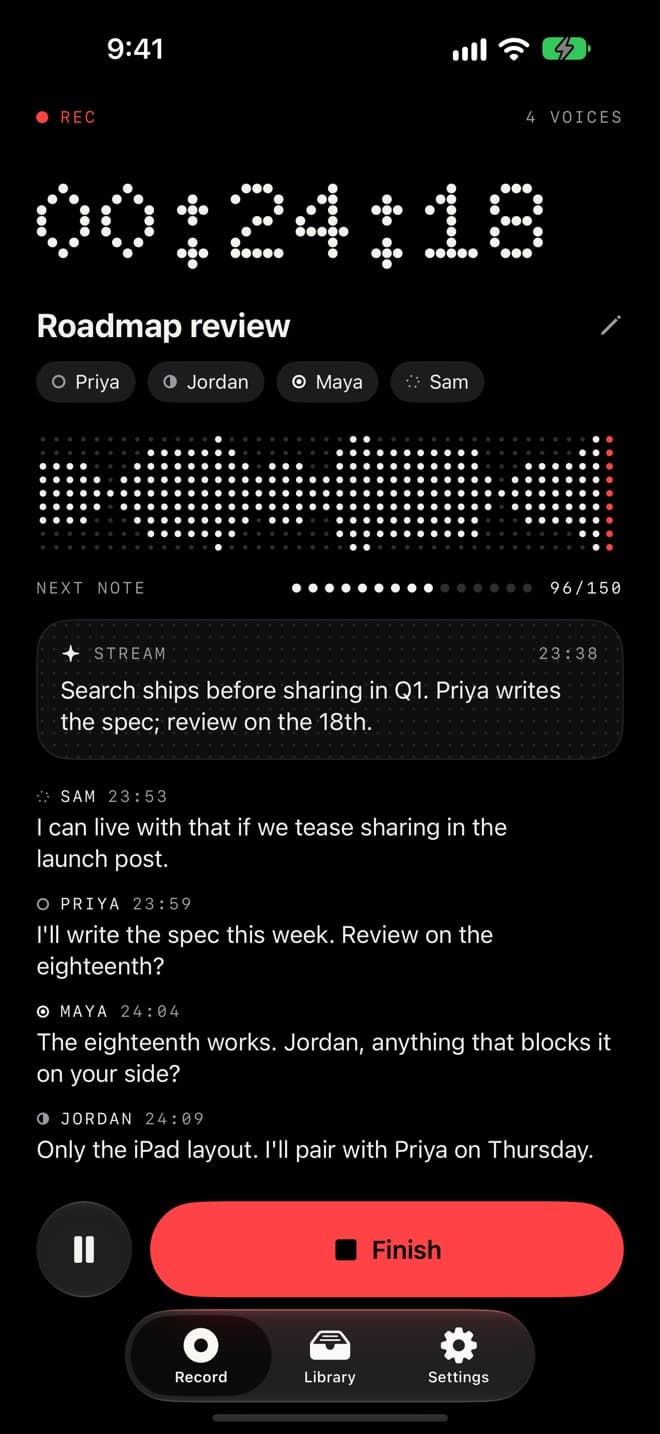 iPhone recording a meeting with a dot waveform, the live transcript and a live note