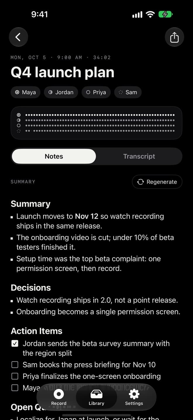 Better Meetings on iPhone showing the finished notes for a meeting
