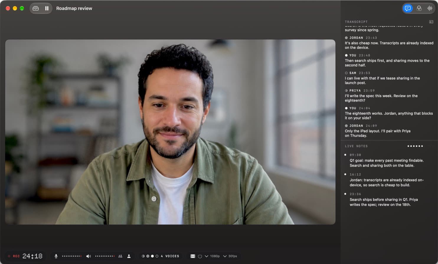 Better Meetings on a Mac, recording a call with the live transcript and live notes beside the video